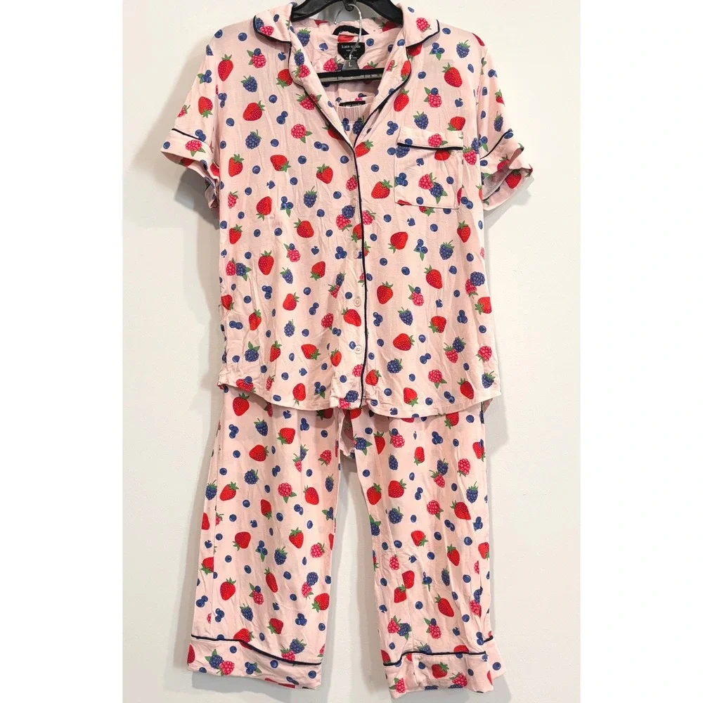 Kate Spade Womens Pajama Set Small Mixed Berry Strawberry Print Knit 2pc 21407